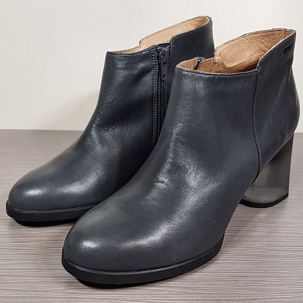 Camper Lea Bootie, Clear Block Heel, Grey Leather, Womens Size 8